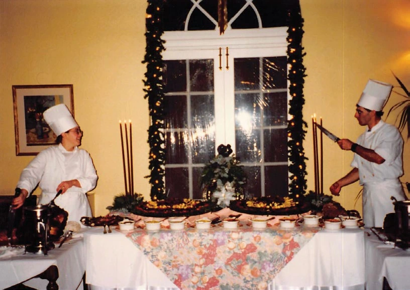 Chefs presenting a brunch spread at the Gallatin Gateway Inn in the 1980s