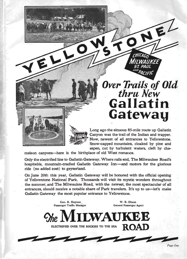 A Milwaukee Road advertisement promoting travel to Yellowstone via Gallatin Gateway