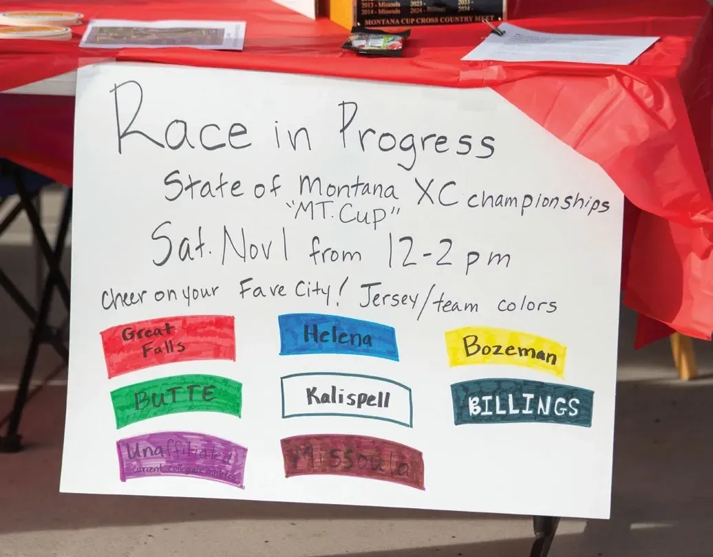 The Race of Every Runner's Dreams 8 A hand-written poster board listing Montana Cup team colors by region