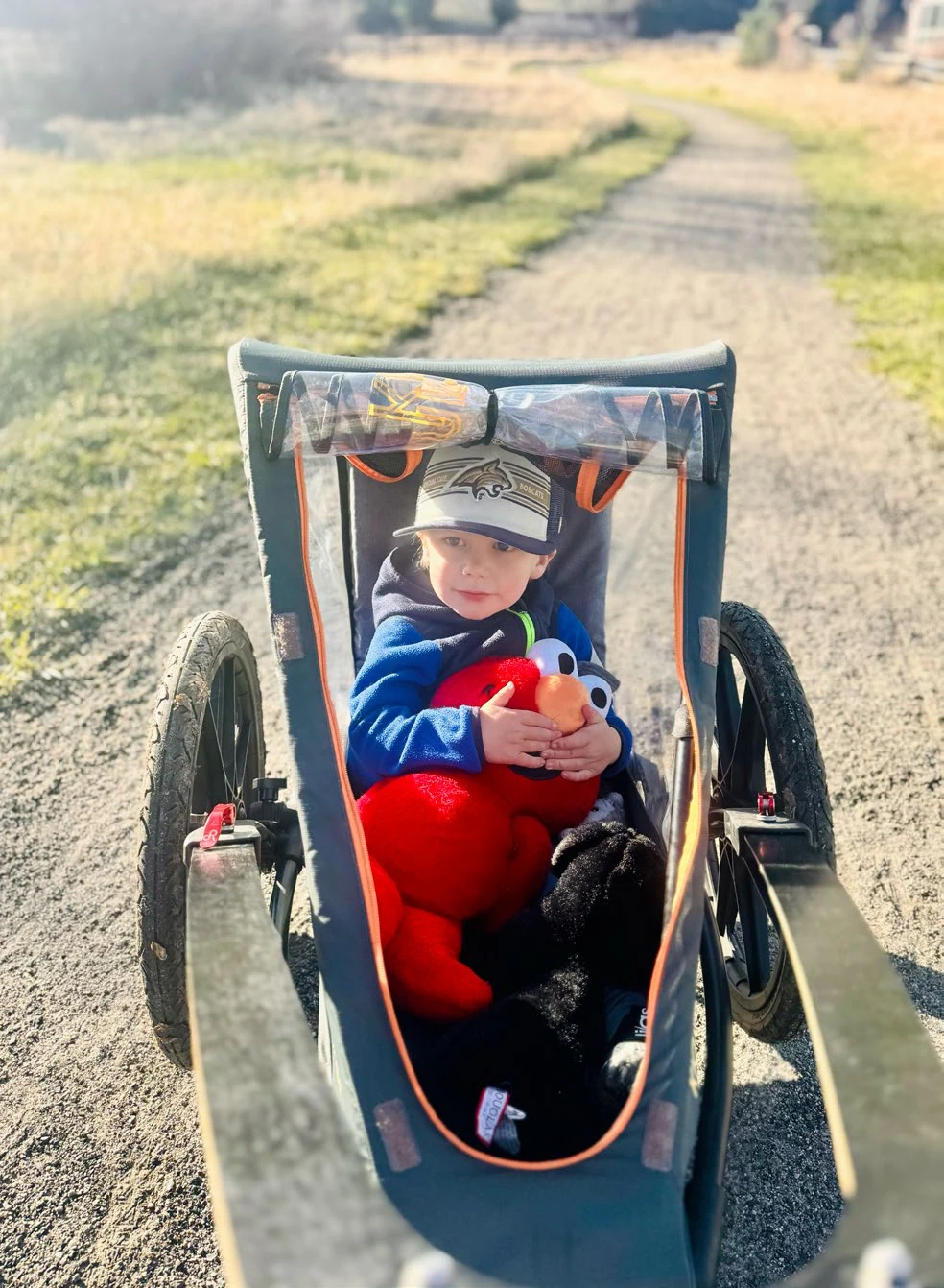 Kaley's son Haydon holding Elmo on a training run