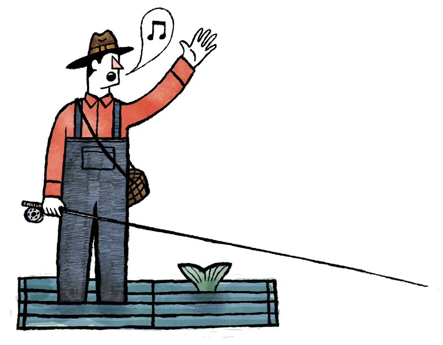 The River, An Opera: The Light Falls on Montana 2 Spot illustration of an angler singing while casting from a river bank
